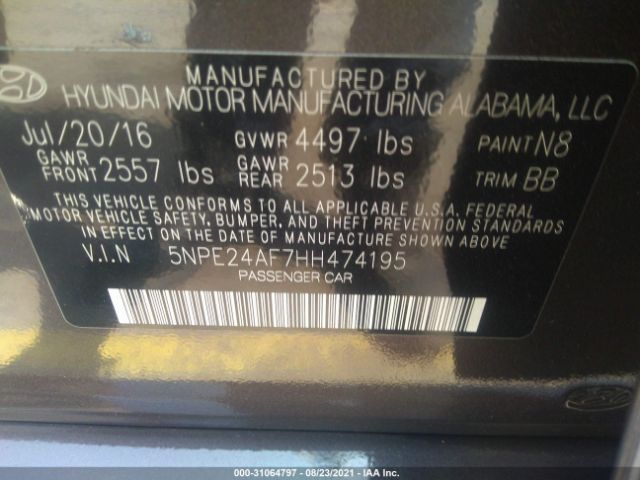 Photo 8 VIN: 5NPE24AF7HH474195 - HYUNDAI SONATA 