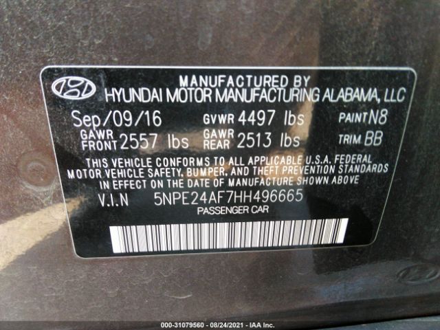 Photo 8 VIN: 5NPE24AF7HH496665 - HYUNDAI SONATA 