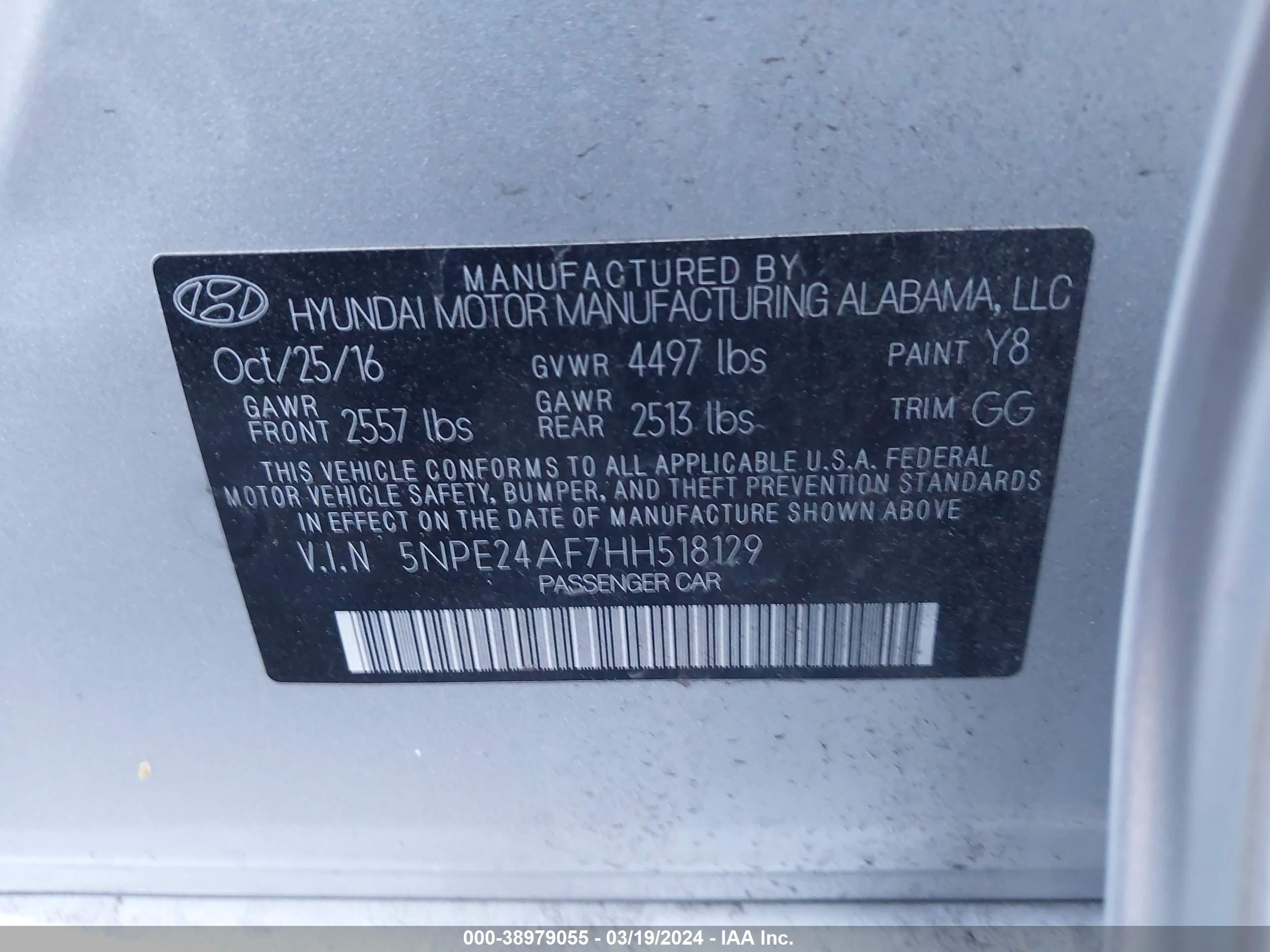 Photo 8 VIN: 5NPE24AF7HH518129 - HYUNDAI SONATA 