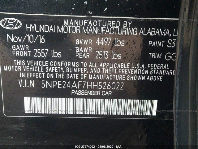 Photo 8 VIN: 5NPE24AF7HH526022 - HYUNDAI SONATA 