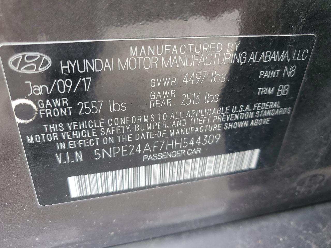 Photo 11 VIN: 5NPE24AF7HH544309 - HYUNDAI SONATA 