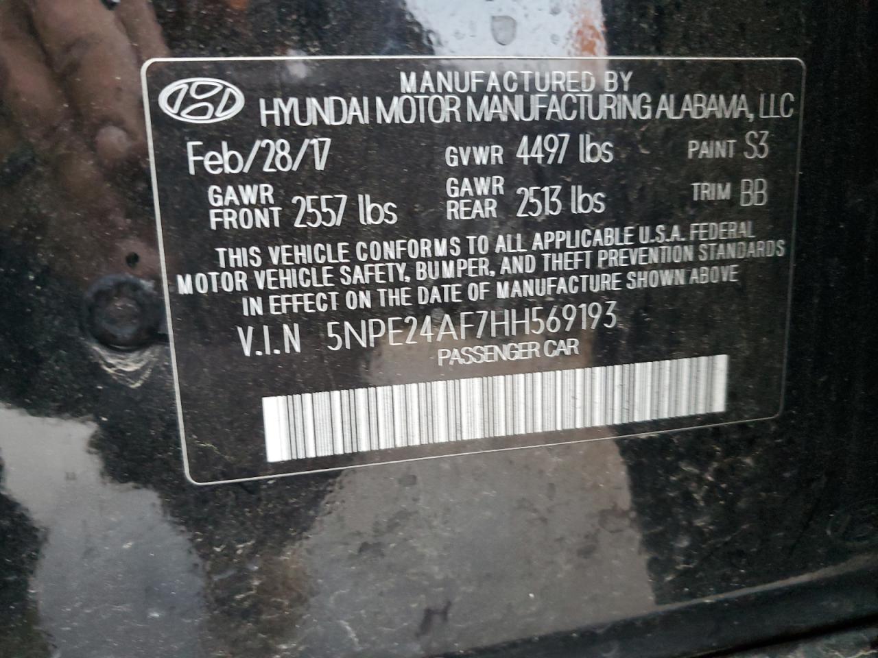 Photo 11 VIN: 5NPE24AF7HH569193 - HYUNDAI SONATA 