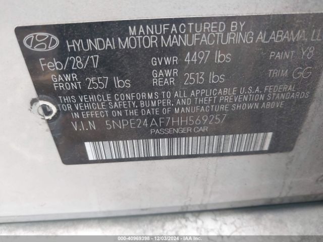 Photo 8 VIN: 5NPE24AF7HH569257 - HYUNDAI SONATA 