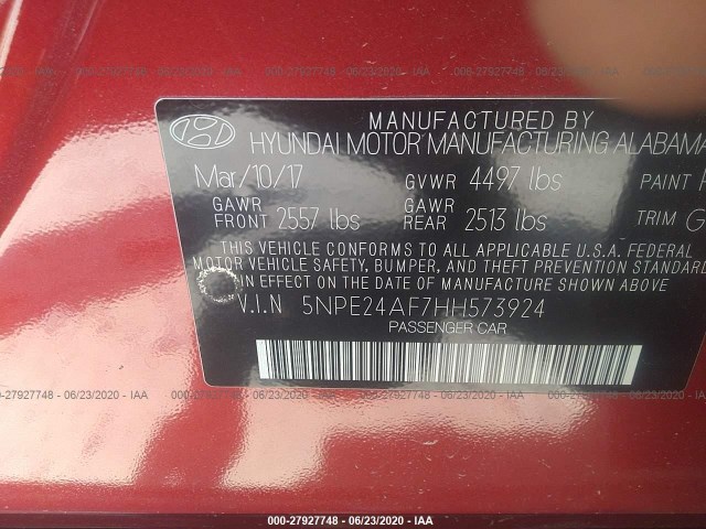 Photo 8 VIN: 5NPE24AF7HH573924 - HYUNDAI SONATA 