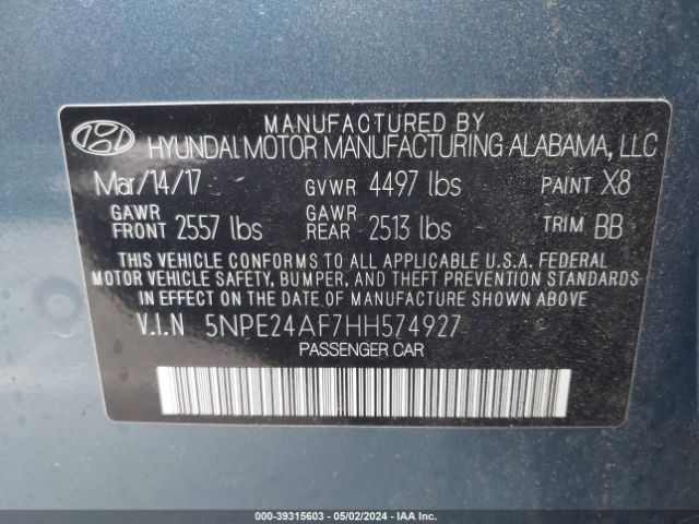 Photo 8 VIN: 5NPE24AF7HH574927 - HYUNDAI SONATA 