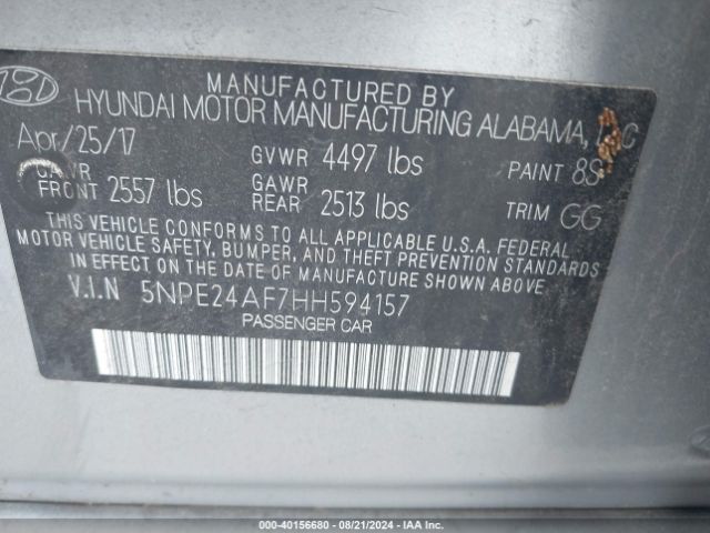 Photo 8 VIN: 5NPE24AF7HH594157 - HYUNDAI SONATA 