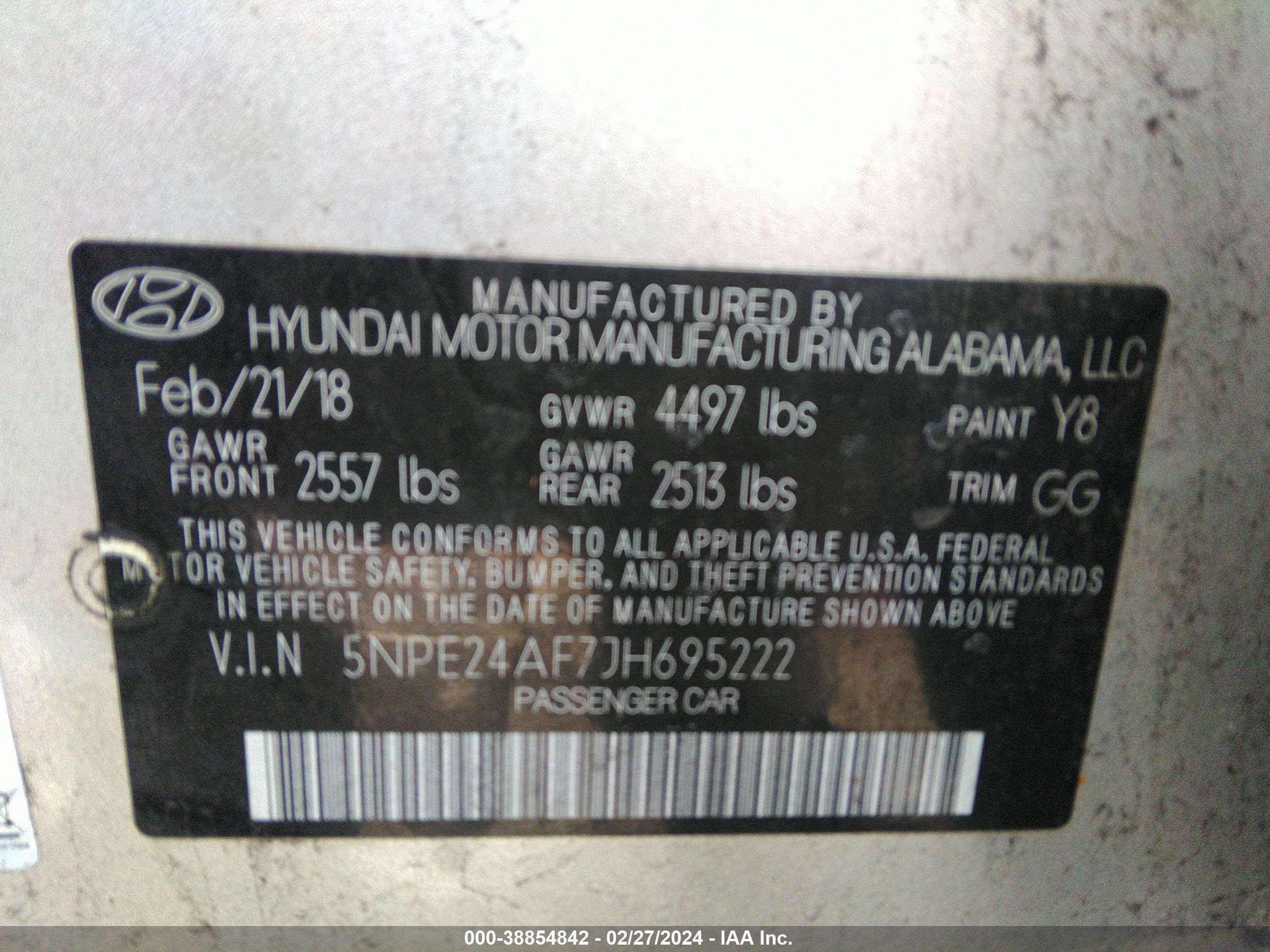 Photo 8 VIN: 5NPE24AF7JH695222 - HYUNDAI SONATA 