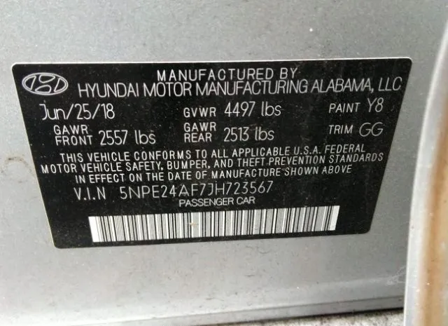 Photo 8 VIN: 5NPE24AF7JH723567 - HYUNDAI SONATA 