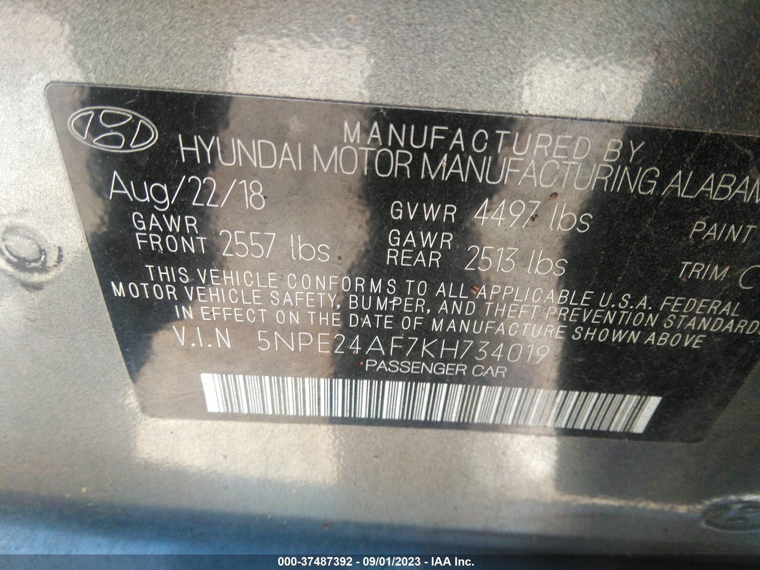 Photo 8 VIN: 5NPE24AF7KH734019 - HYUNDAI SONATA 