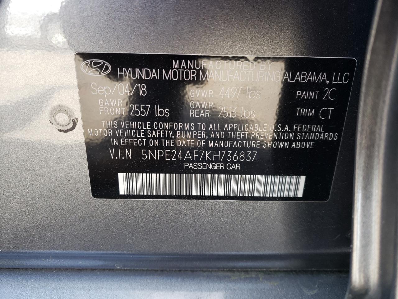 Photo 11 VIN: 5NPE24AF7KH736837 - HYUNDAI SONATA 