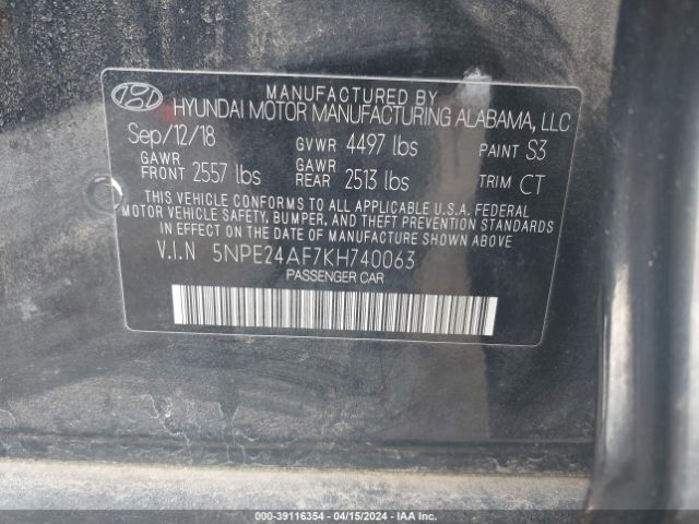 Photo 8 VIN: 5NPE24AF7KH740063 - HYUNDAI SONATA 