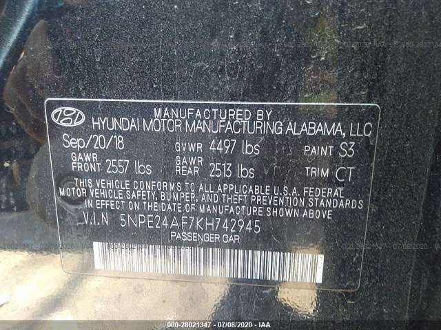 Photo 8 VIN: 5NPE24AF7KH742945 - HYUNDAI SONATA 