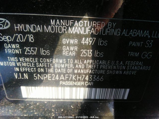 Photo 8 VIN: 5NPE24AF7KH743366 - HYUNDAI SONATA 