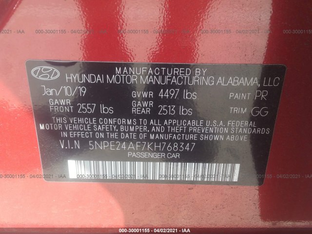 Photo 8 VIN: 5NPE24AF7KH768347 - HYUNDAI SONATA 