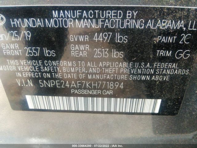 Photo 8 VIN: 5NPE24AF7KH771894 - HYUNDAI SONATA 