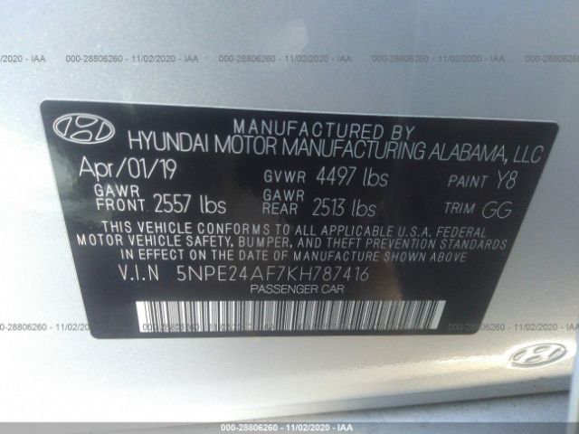 Photo 8 VIN: 5NPE24AF7KH787416 - HYUNDAI SONATA 