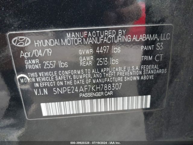 Photo 8 VIN: 5NPE24AF7KH788307 - HYUNDAI SONATA 