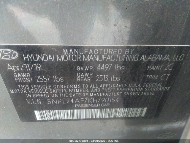 Photo 8 VIN: 5NPE24AF7KH790154 - HYUNDAI SONATA 