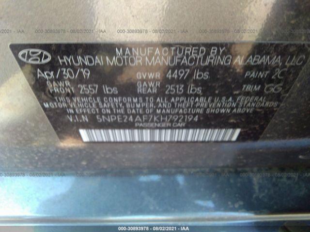 Photo 8 VIN: 5NPE24AF7KH792194 - HYUNDAI SONATA 