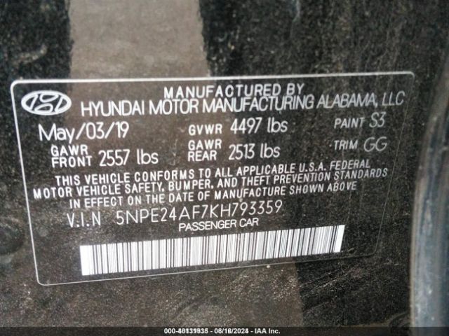 Photo 8 VIN: 5NPE24AF7KH793359 - HYUNDAI SONATA 