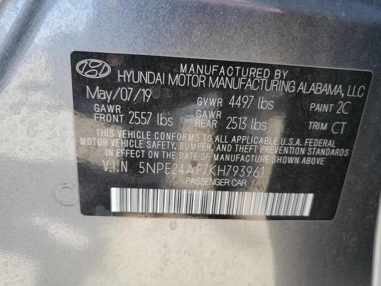 Photo 12 VIN: 5NPE24AF7KH793961 - HYUNDAI SONATA 