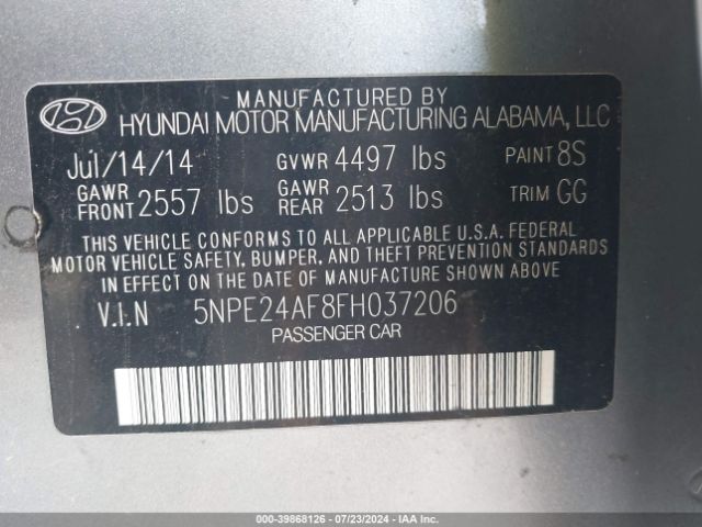 Photo 8 VIN: 5NPE24AF8FH037206 - HYUNDAI SONATA 