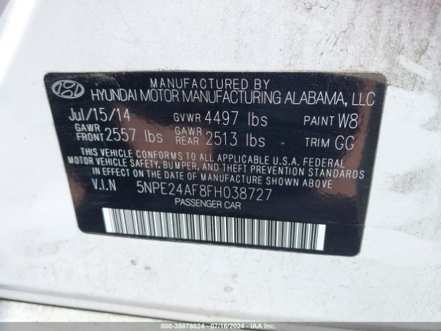 Photo 8 VIN: 5NPE24AF8FH038727 - HYUNDAI SONATA 