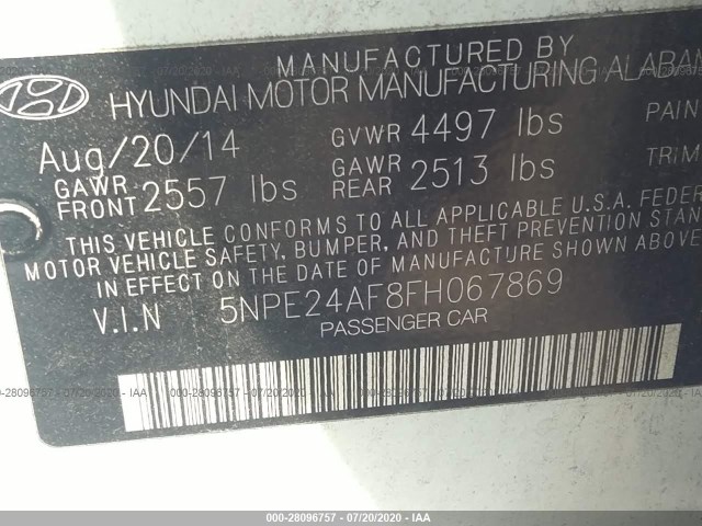 Photo 8 VIN: 5NPE24AF8FH067869 - HYUNDAI SONATA 