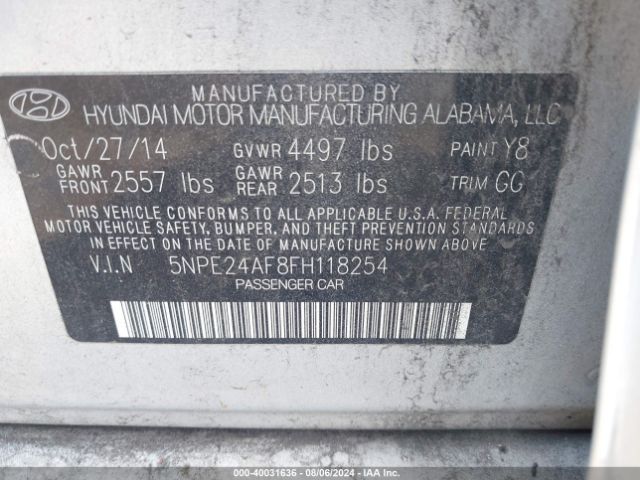 Photo 8 VIN: 5NPE24AF8FH118254 - HYUNDAI SONATA 