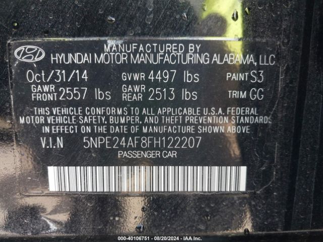 Photo 8 VIN: 5NPE24AF8FH122207 - HYUNDAI SONATA 