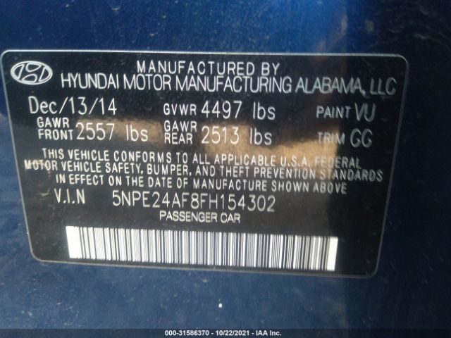 Photo 8 VIN: 5NPE24AF8FH154302 - HYUNDAI SONATA 