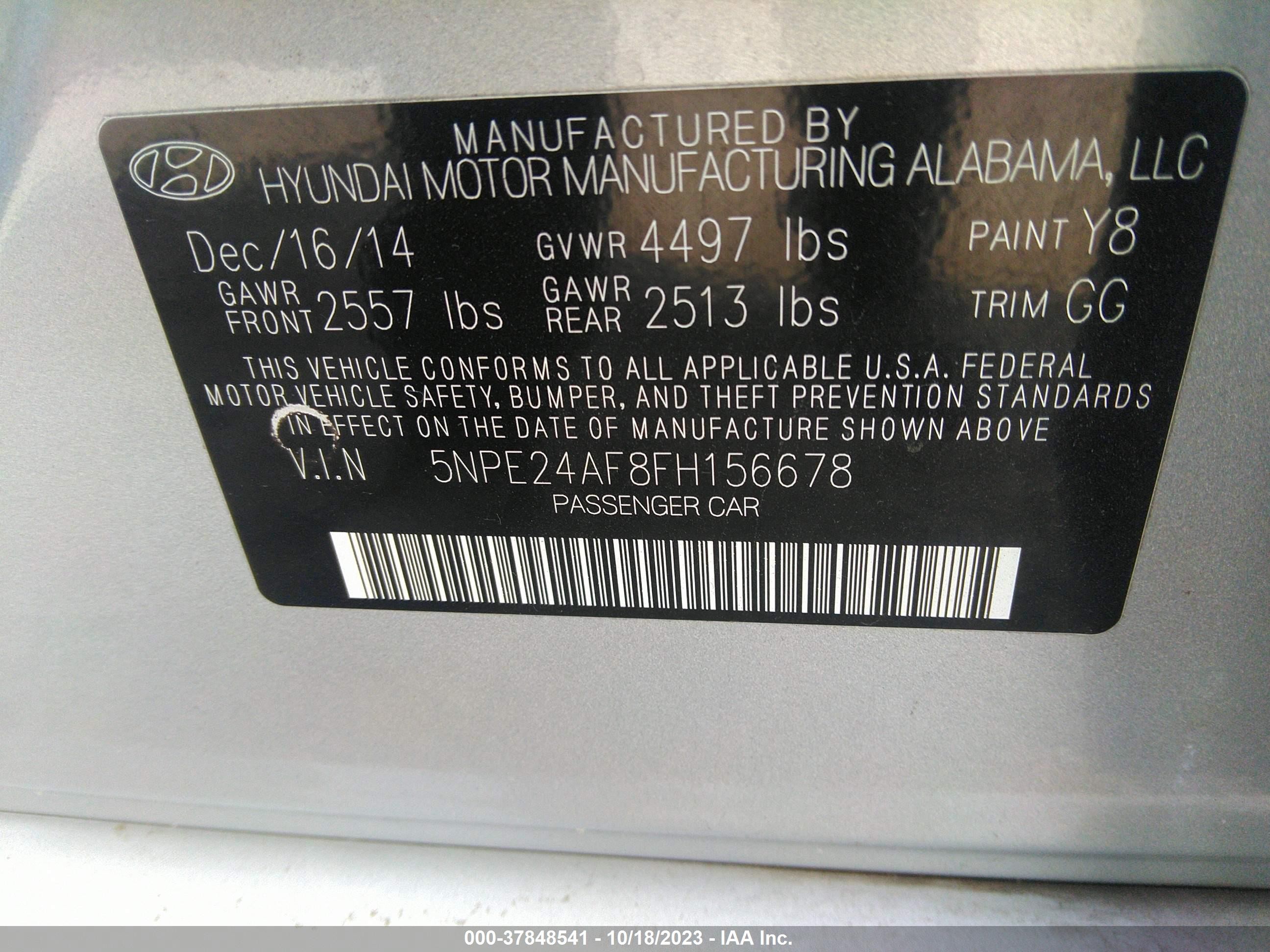 Photo 8 VIN: 5NPE24AF8FH156678 - HYUNDAI SONATA 