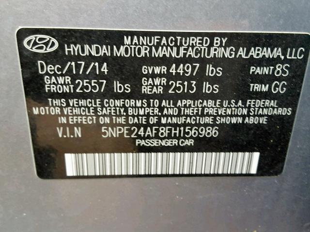 Photo 9 VIN: 5NPE24AF8FH156986 - HYUNDAI SONATA SE 