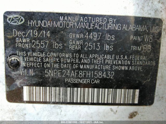 Photo 8 VIN: 5NPE24AF8FH158432 - HYUNDAI SONATA 