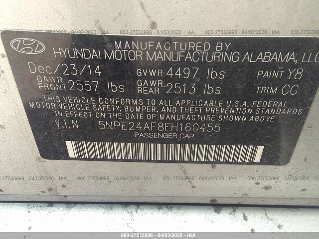 Photo 8 VIN: 5NPE24AF8FH160455 - HYUNDAI SONATA 