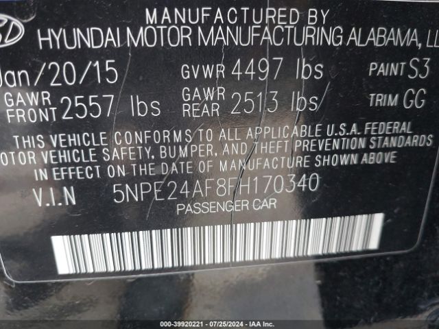 Photo 8 VIN: 5NPE24AF8FH170340 - HYUNDAI SONATA 