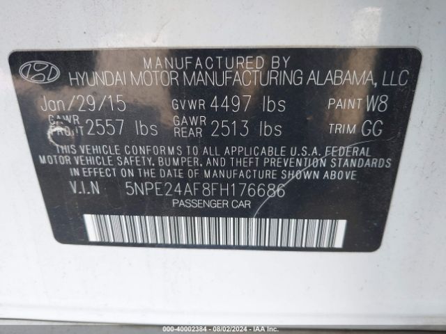 Photo 8 VIN: 5NPE24AF8FH176686 - HYUNDAI SONATA 