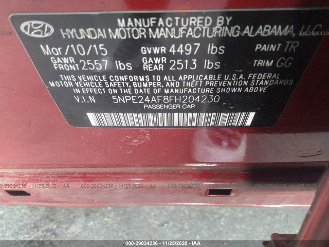 Photo 8 VIN: 5NPE24AF8FH204230 - HYUNDAI SONATA 