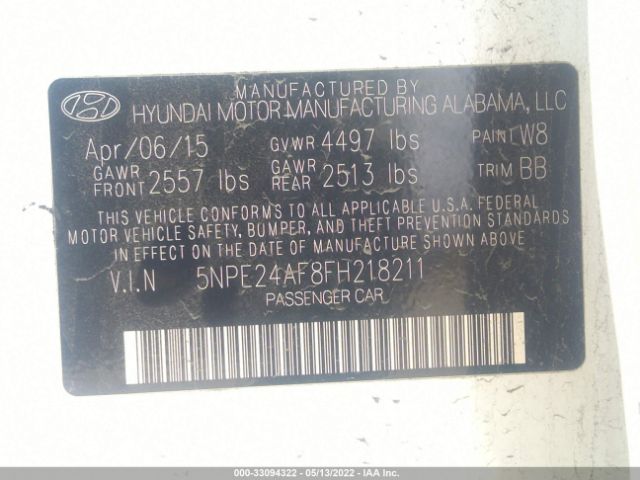 Photo 8 VIN: 5NPE24AF8FH218211 - HYUNDAI SONATA 