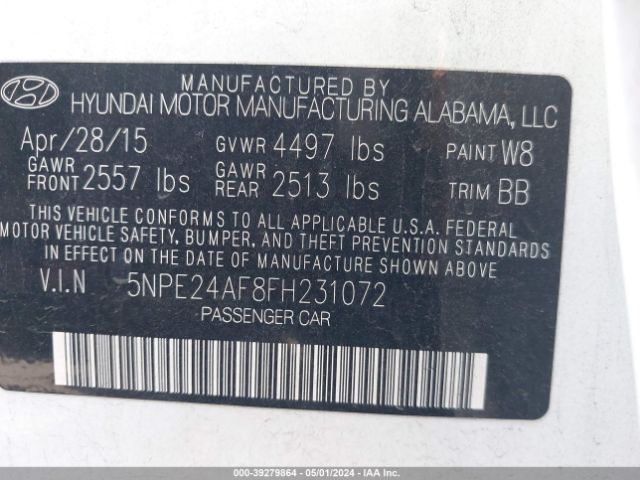 Photo 8 VIN: 5NPE24AF8FH231072 - HYUNDAI SONATA 