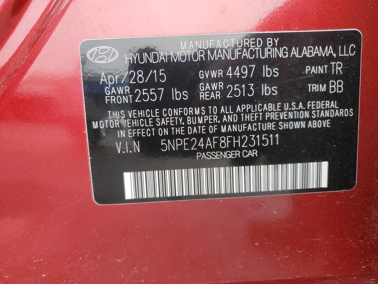 Photo 11 VIN: 5NPE24AF8FH231511 - HYUNDAI SONATA 