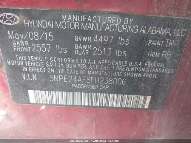 Photo 8 VIN: 5NPE24AF8FH238006 - HYUNDAI SONATA 