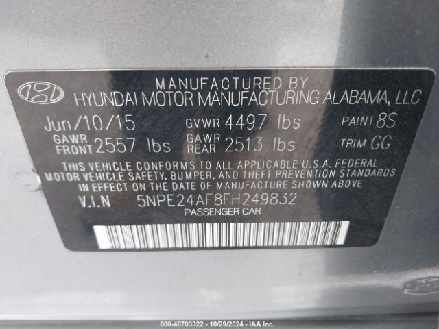 Photo 8 VIN: 5NPE24AF8FH249832 - HYUNDAI SONATA 