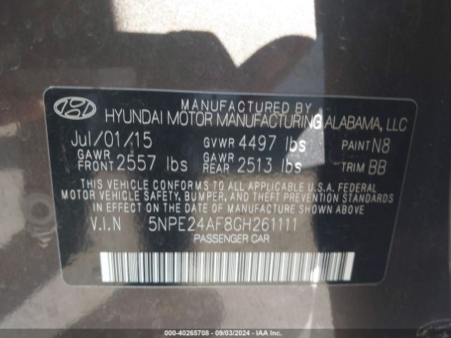 Photo 8 VIN: 5NPE24AF8GH261111 - HYUNDAI SONATA 