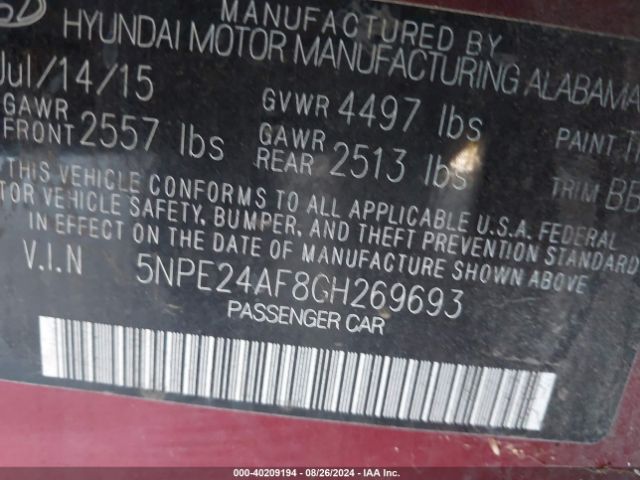 Photo 8 VIN: 5NPE24AF8GH269693 - HYUNDAI SONATA 