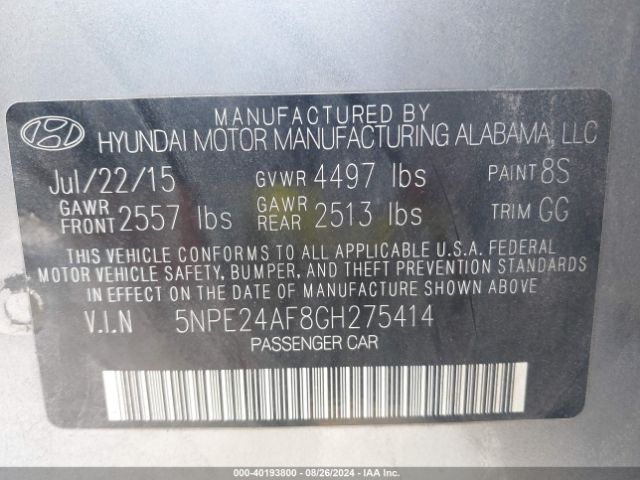 Photo 8 VIN: 5NPE24AF8GH275414 - HYUNDAI SONATA 