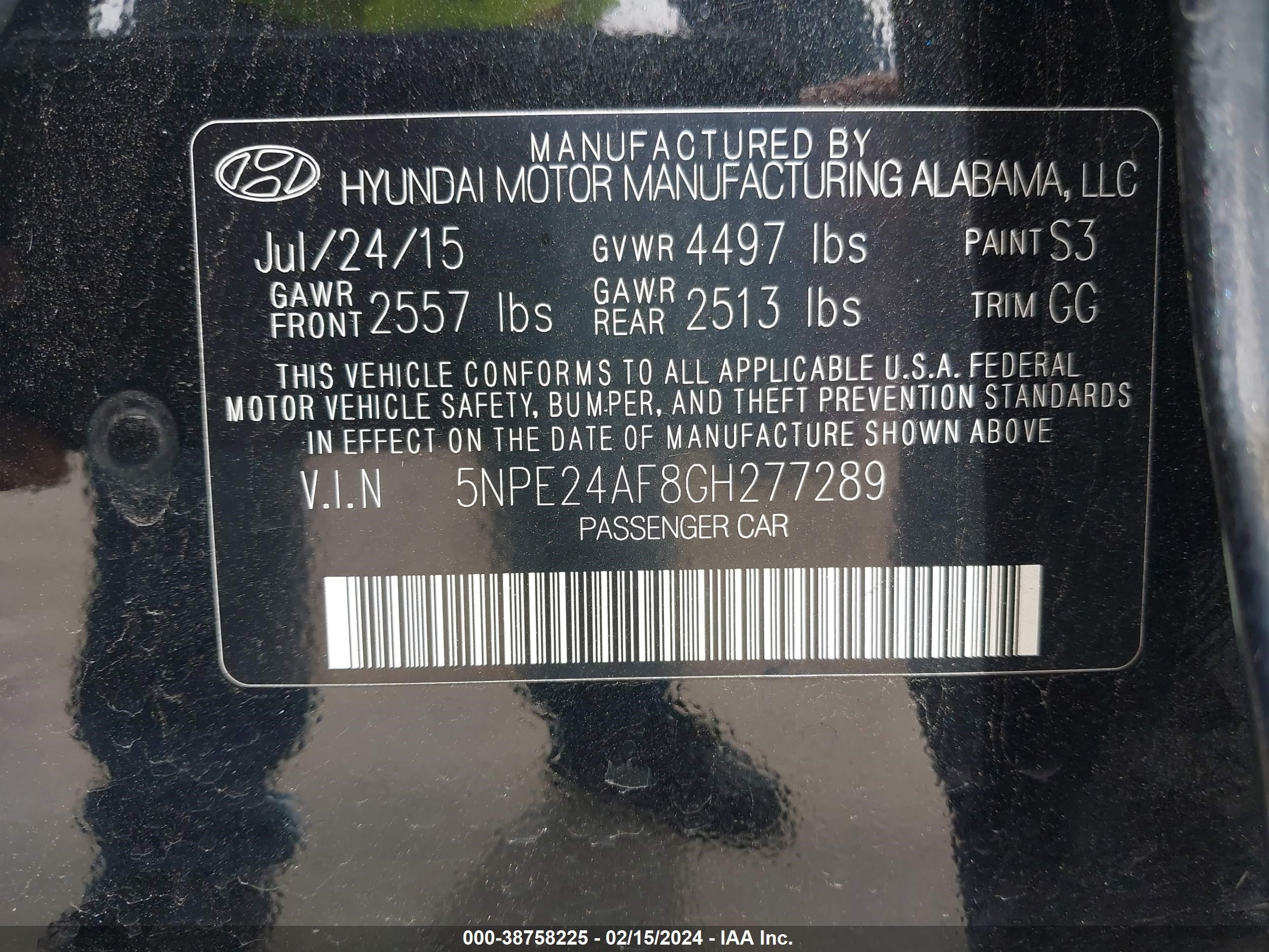 Photo 8 VIN: 5NPE24AF8GH277289 - HYUNDAI SONATA 