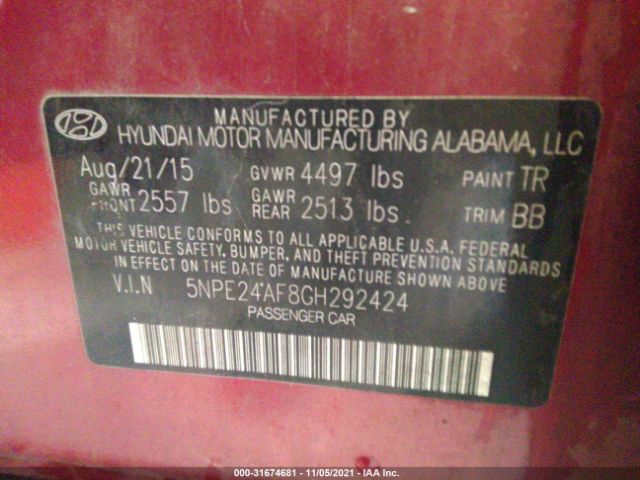 Photo 8 VIN: 5NPE24AF8GH292424 - HYUNDAI SONATA 