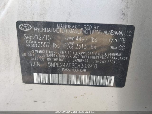 Photo 8 VIN: 5NPE24AF8GH303910 - HYUNDAI SONATA 