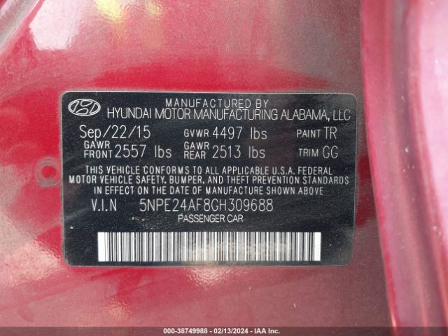 Photo 8 VIN: 5NPE24AF8GH309688 - HYUNDAI SONATA 